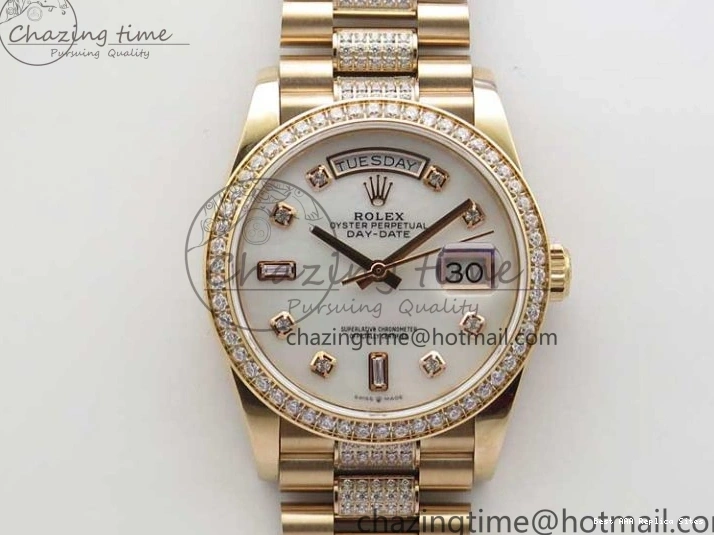 AAA Replica Watches on President A 2689 BP White ComfortFit Crystal Crystal Marker MOP RG Best Edition 128235 Dial Day-Date Bracelet RG 36mm 1218